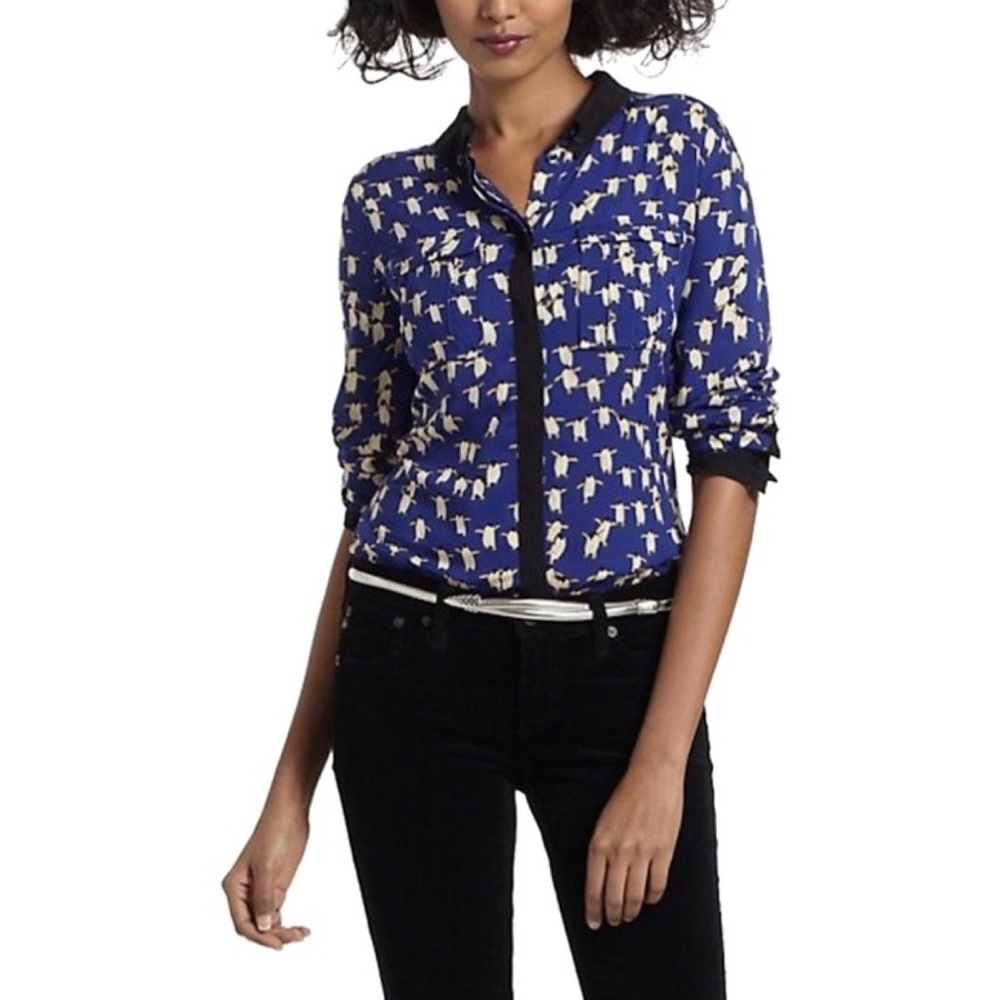 Anthropologie Maeve Penguin Retro Print Collar Button Top XS 0